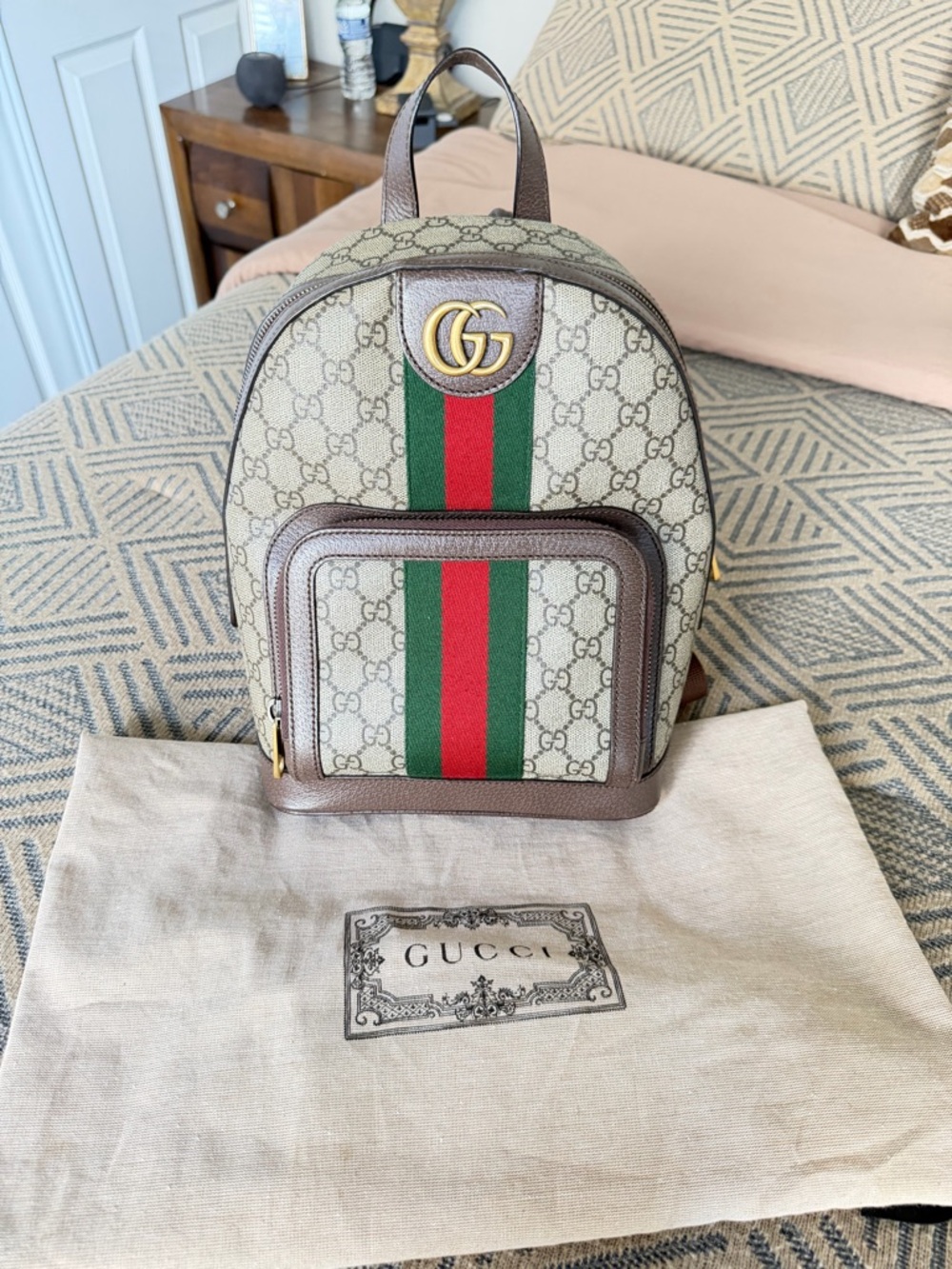 Gucci Beige GG Supreme Mini Backpack with Green-Red Web Stripe